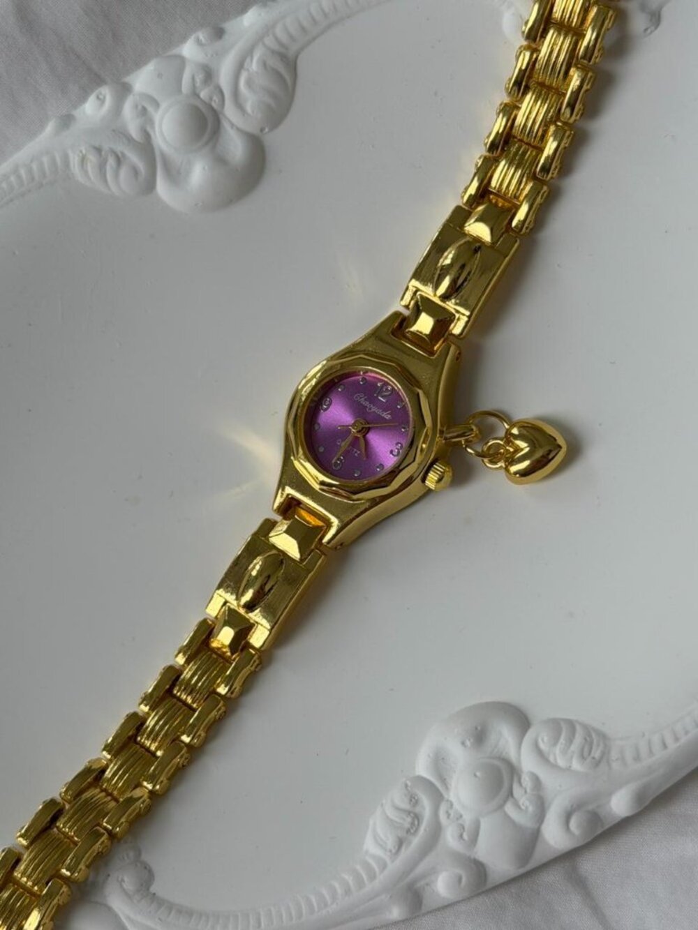 Sku0480 vintage vibe gold purple mini watch pendant charm heart + in a gift bag
